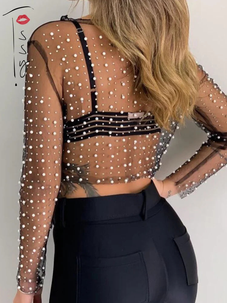 Crystal See Through Long Sleeve T-shirt Lace Night Party Club Cropped Top Lady Balck