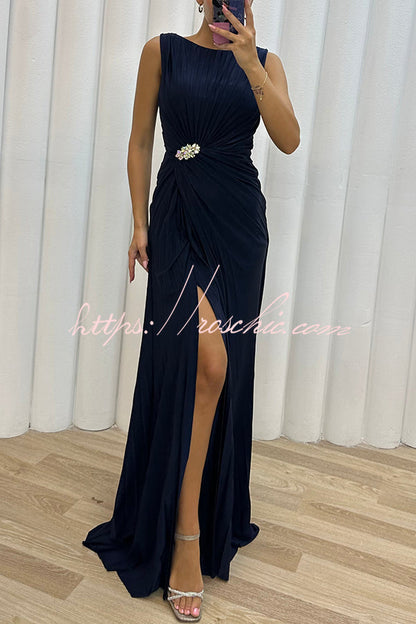 Special Pleated Embellished Slit Evening Maxi Dress