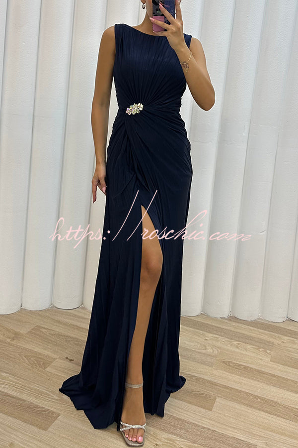 Special Pleated Embellished Slit Evening Maxi Dress