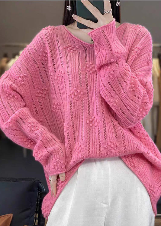 Rose V Neck Hollow Out Cotton Knit Sweaters Fall Qp016