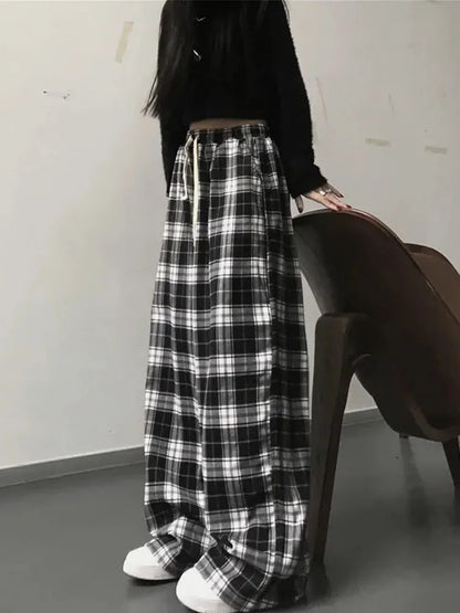 Black and White Plaid Pants New Loose Wide Leg Trousers Ins Retro Teen Straight Trousers Hiphop