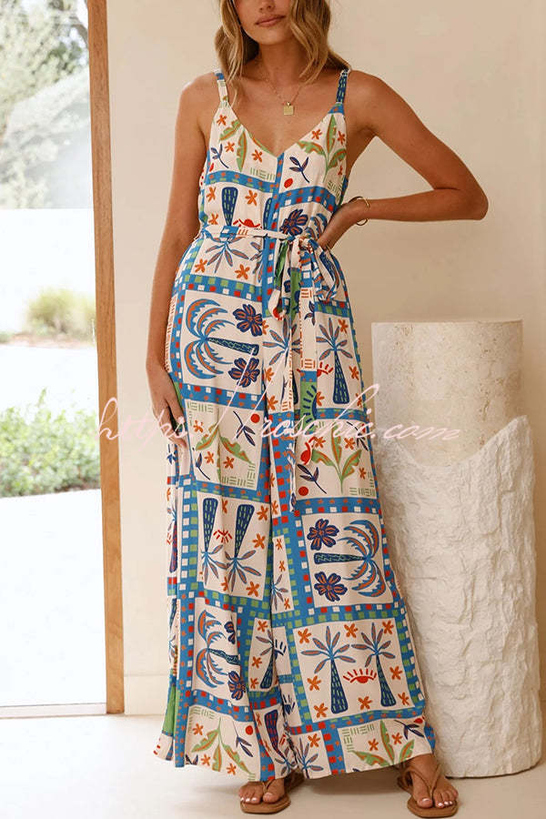 Unique Beach Vacation Print V-neck Suspenders Wide-leg Jumpsuit