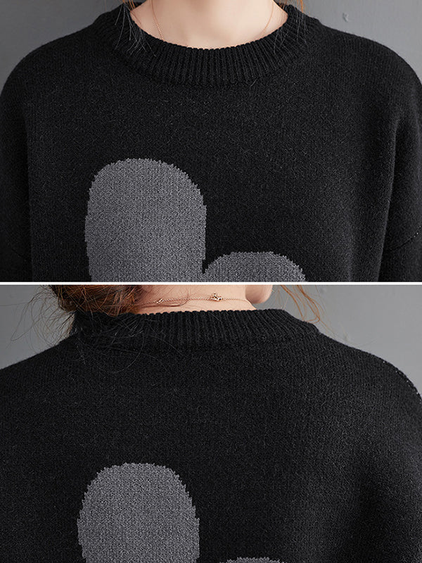 Loose Black Round-neck Contrast Color Flower Long Sleeve Sweater An1070