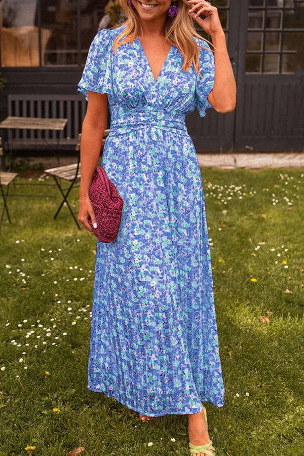 Print V-neck Short Sleeve Waist Maxi Dress
