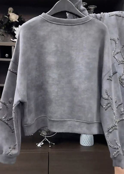 Grey O-neck Sequins Sweatshirt Fall Wd035