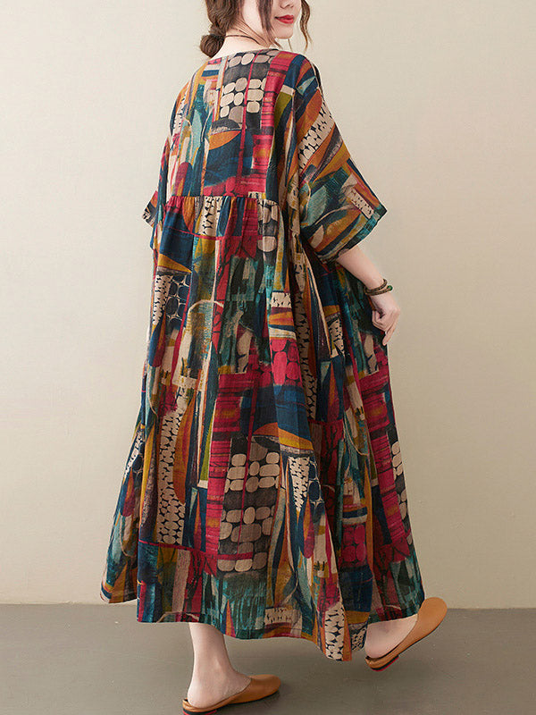 Loose Abstract Printed Pleated Round-neck Half Sleeves Midi Dress