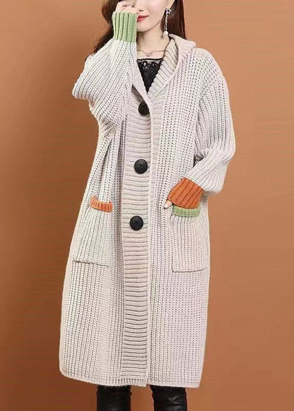 Handmade Grey Pockets Button Cotton Knit Long Hooded Cardigans Winter Wd027
