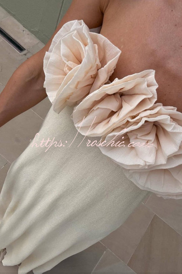 Blooming Flower Applique Elastic Off Shoulder Strapless Maxi Dress