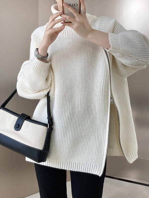 Urban Grey Halter-neck Split-side Zip-up Long Sleeve Sweater An1033
