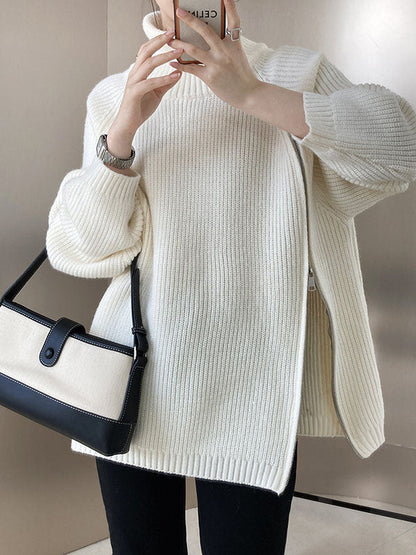 Urban Grey Halter-neck Split-side Zip-up Long Sleeve Sweater An1033