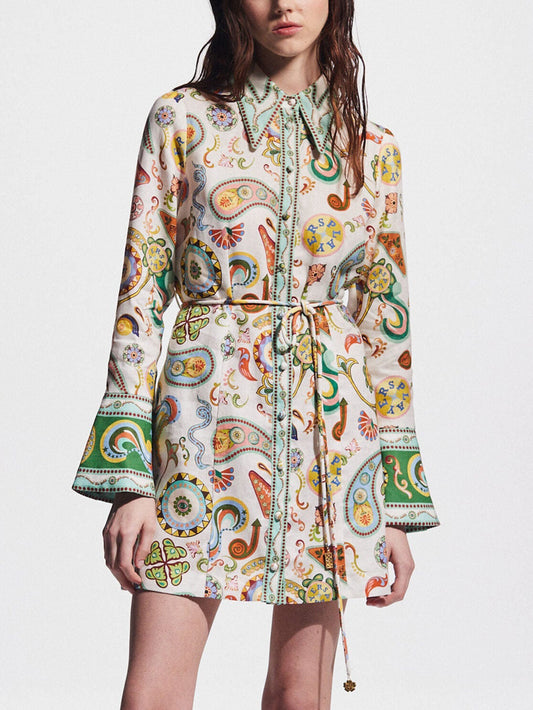 Exquisite and Fashionable Printed Trumpet Sleeve Mini Dress