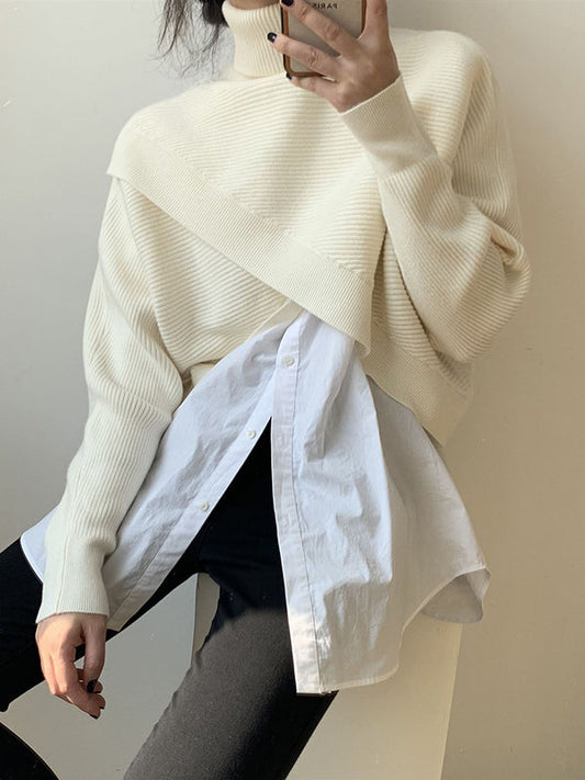 Urban White High-neck Split-front Long Sleeve Crop Sweater An1034