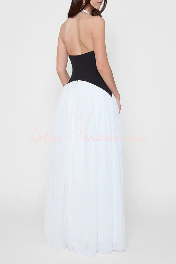 Fashionable Color Matching Halter Neck Waist Maxi Dress