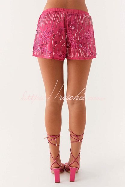 Dazzling Sequin Beaded Material Low Rise Elastic Waist Loose Shorts
