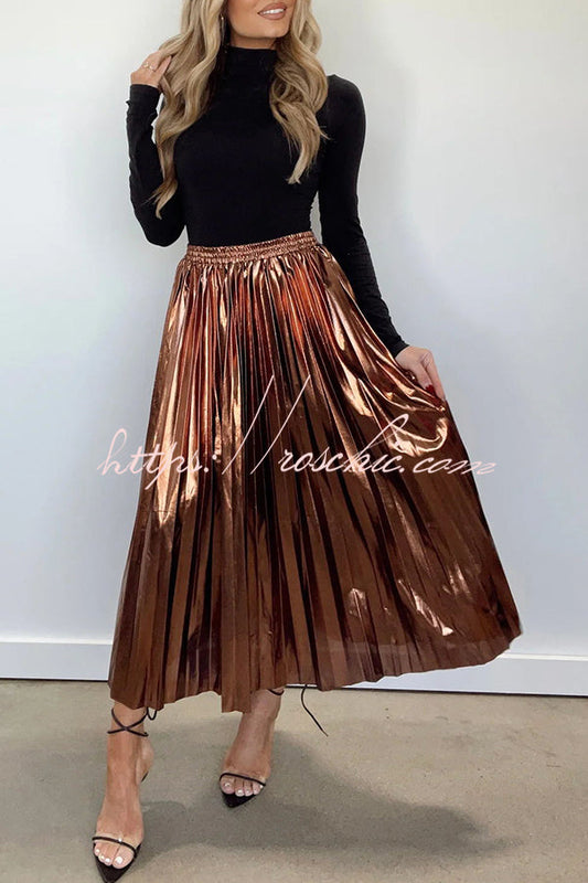 Yuletide Glow Metallic Fabric Pleated Elastic Waist Midi Skirt