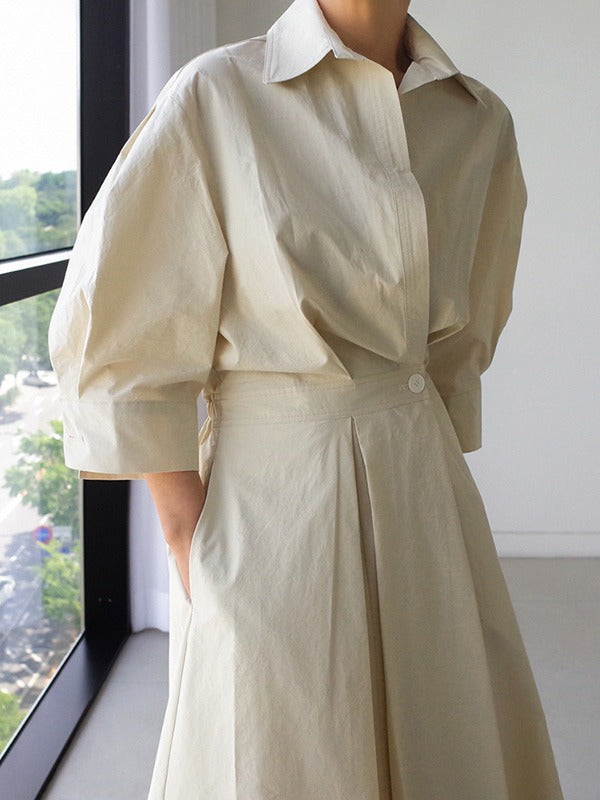 Long Sleeves Loose Pleated Color Split-joint Tied Waist Lapel Midi Dresses Shirt Dress