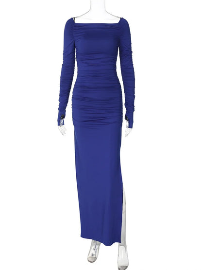 Pleated Off-shoulder Maxi Dress for Slim High Waist Long Sleeve Dress Female Party Long Dress New