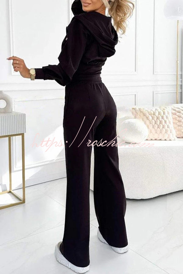 Color Hooded Zip-up Jacket and Elastic Waist Pocket Wide-leg Pants Set