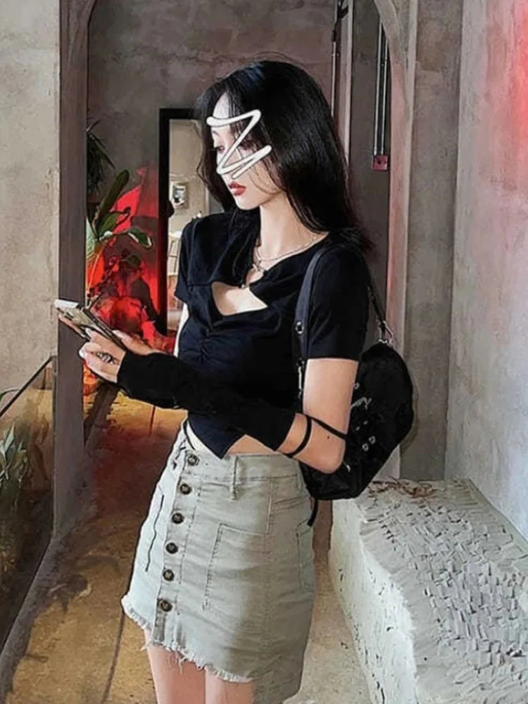 High Street Short Sleeve T-shirt Harajuku Summer Hollow Out Slim Design Ins Korean Style Above Navel Cropped Top All-match