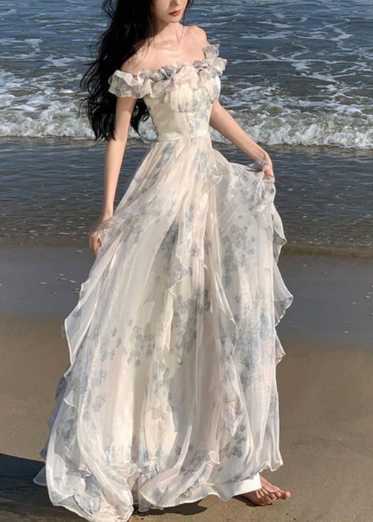 Ruffled Print Patchwork Chiffon Long Dresses Summer Tt1020
