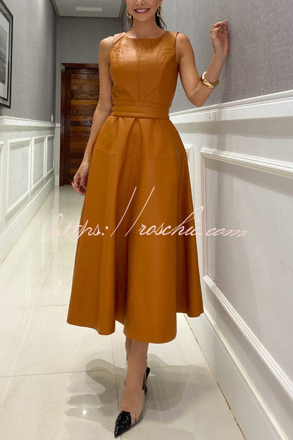 Ensemble Faux Leather Princess Line Back Zipper Umbrella Midi Dress