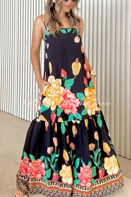 Print Halter Back Loose Pocket Full Hem Maxi Dress