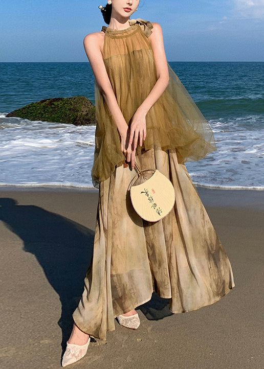 Holiday Style Tie Dyed Mesh Patchwork Fake Two Chiffon Long Dresses Tt1029