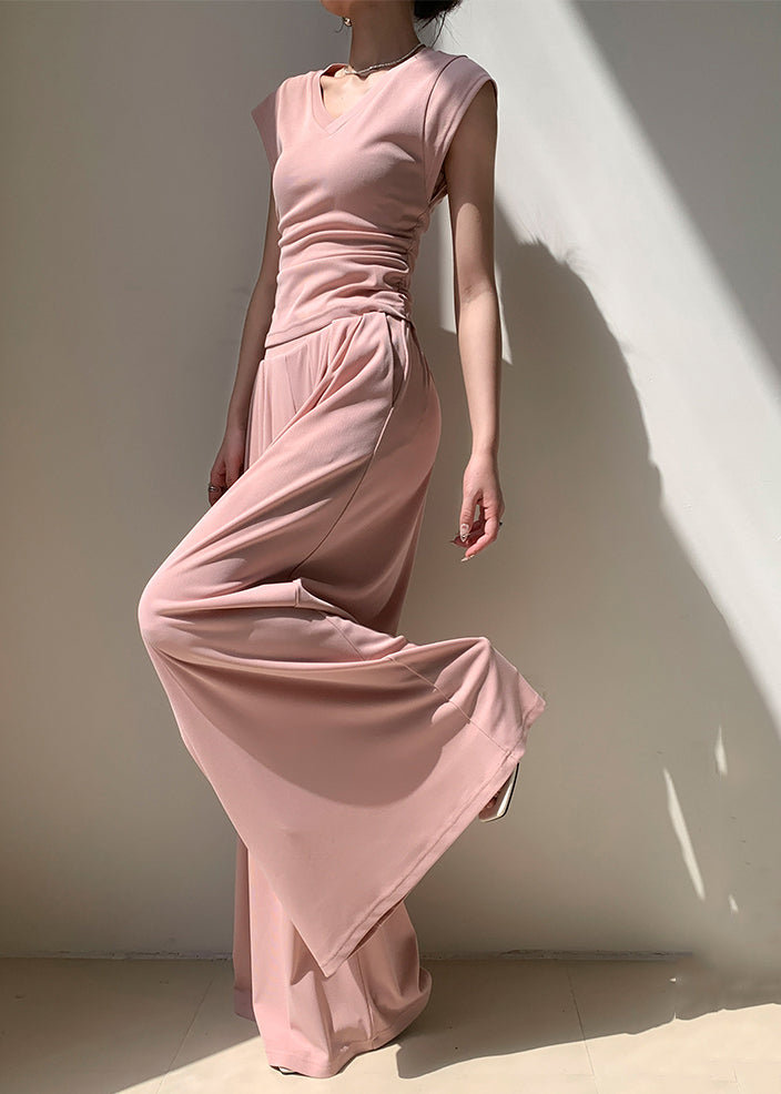 Pink Pockets Elastic Waist Cotton Wide Leg Pants Summer Ee059