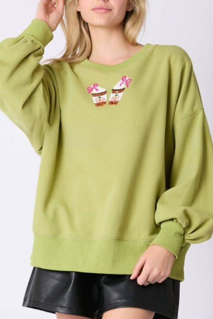 Halloween Coffee Sequin Top Loose Sweatshirt
