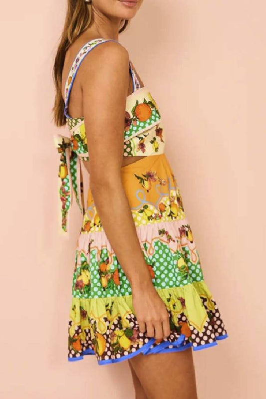 Summer Multicolorlemon Preated Hem Mini Dress