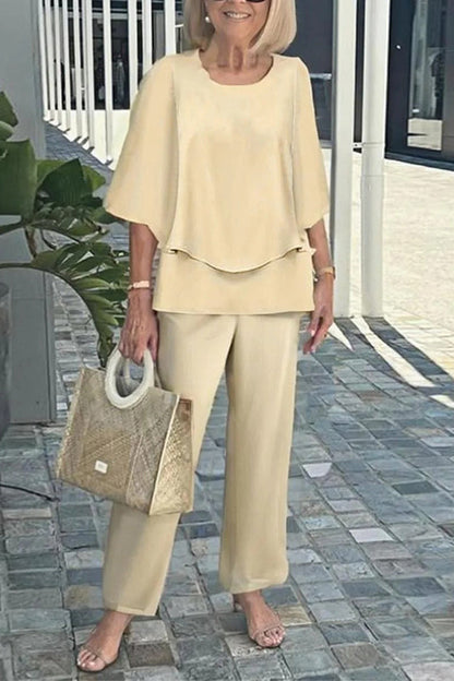 Round Neck Half Sleeve Loose Top and Elastic Waist Straight Pants Set
