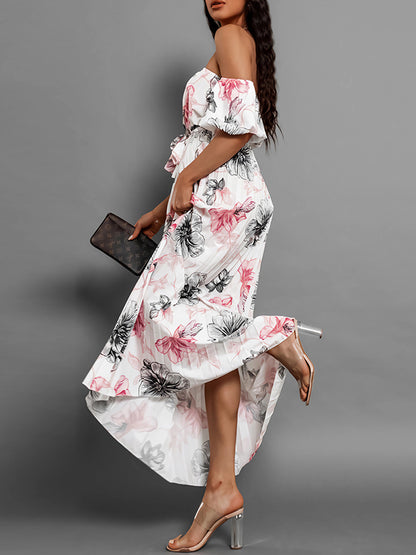 A-line Loose Elasticity Flower Print Pleated Split-joint Tied Waist Off-the-shoulder Maxi Dresses