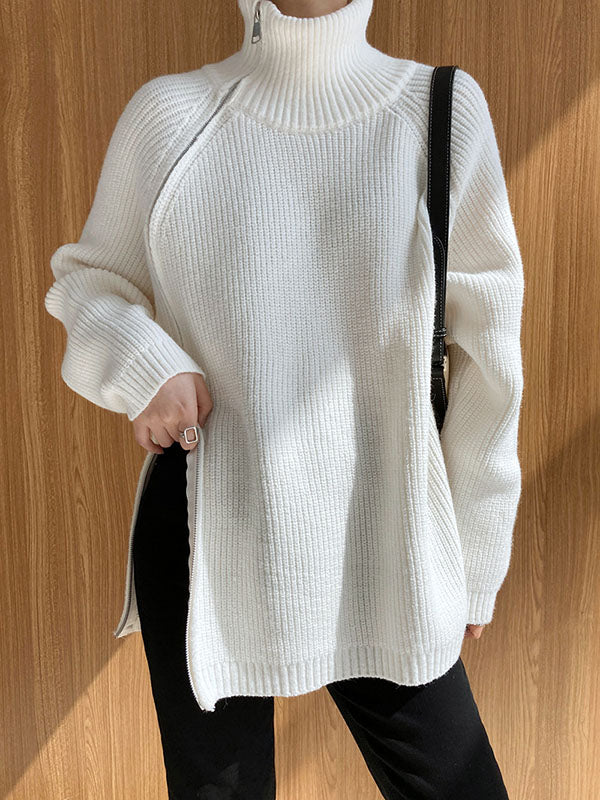 Urban Grey Halter-neck Split-side Zip-up Long Sleeve Sweater An1033