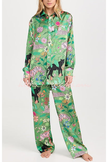 Quiet Jungle Satin Unique Print Long Sleeve Shirt and Elastic Waist Pocket Lounge Pants Set