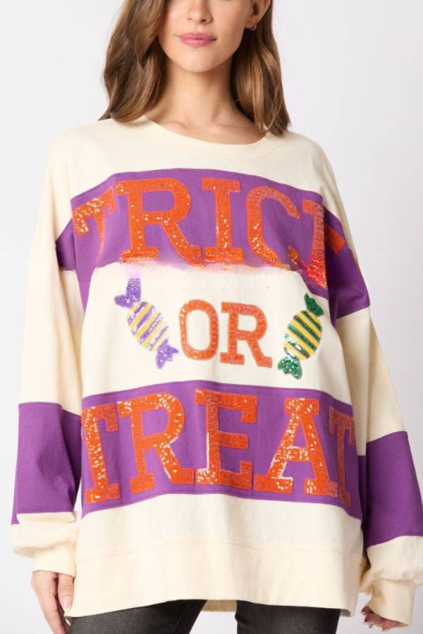 Halloween Letter Sequined Colorblock Sweatshirt Top