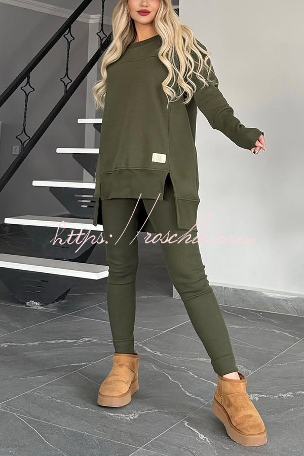 Color Crew Neck Long Sleeve Top and Stretch Pants Set