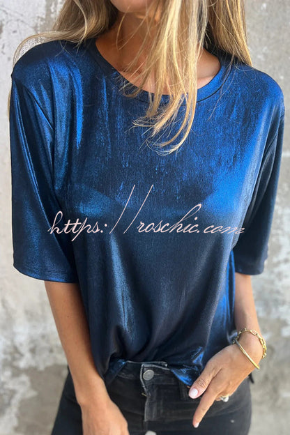 Metallic Color Round Neck Short-sleeved Loose T-shirt