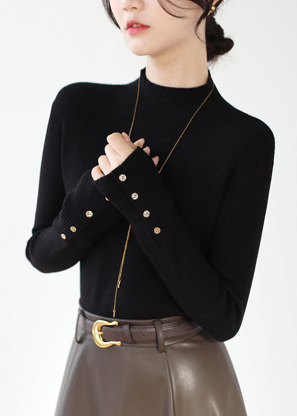 Black Slim Fit Patchwork Knit Sweaters Hign Neck Winter Rv025