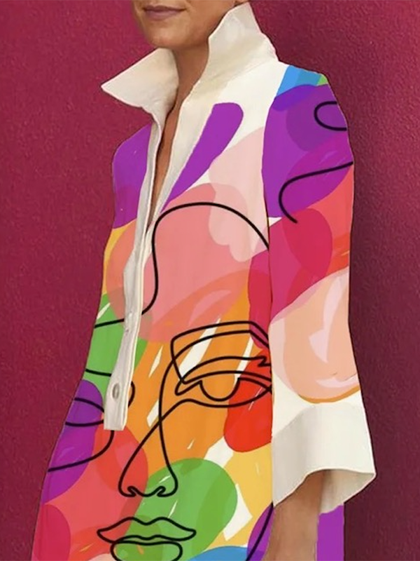 Loose Three-quarter Sleeves Buttoned Contrast Color Figure Printed Lapel Collar Mini Dresses