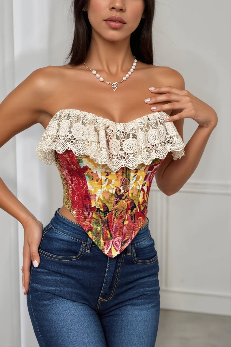 Art Print Lace Panel Boned Jacquard Cami Blouse