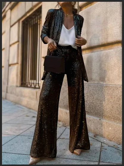 Sequin 2 Piece-set Straight Leg Slim Glitter Patchwork Suit Outwear and Pants Sets