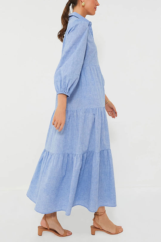 Color Lapel Elastic Cuffs Loose Maxi Dress