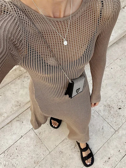 White Crochet Hollow Out Midi Dress for Long Sleeve Dress Beach Holiday See-through Summer Dress Cover-up
