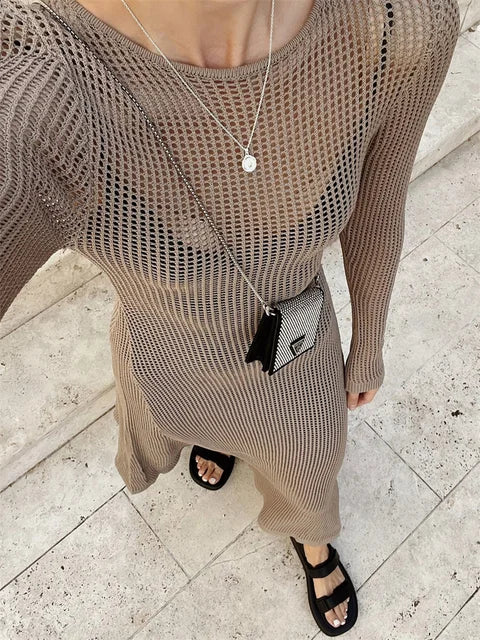 White Crochet Hollow Out Midi Dress for Long Sleeve Dress Beach Holiday See-through Summer Dress Cover-up