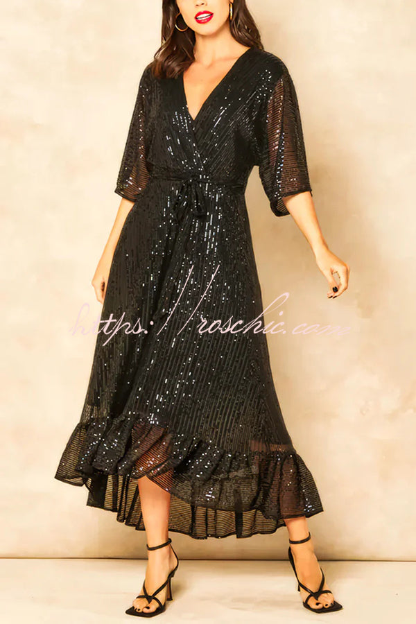 Color Sequined V-neck Waist Tie Loose Maxi Dress