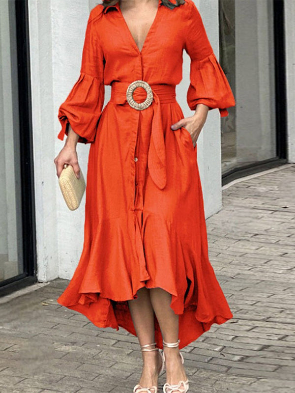 High-low Puff Sleeves Pleated Color Lapel Collar Maxi Dresses