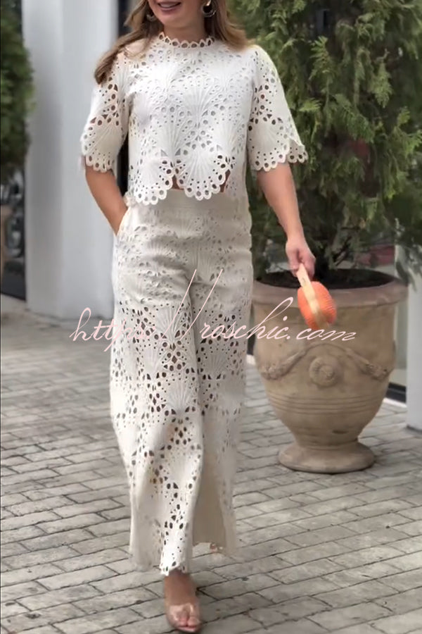 Eliose Scallop Cutout Embroidery Lace Elastic Waist Pocket Loose Pants