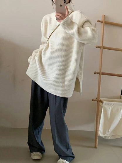 Simple Blue High Neck Split-side Long Sleeve Sweater Qx013