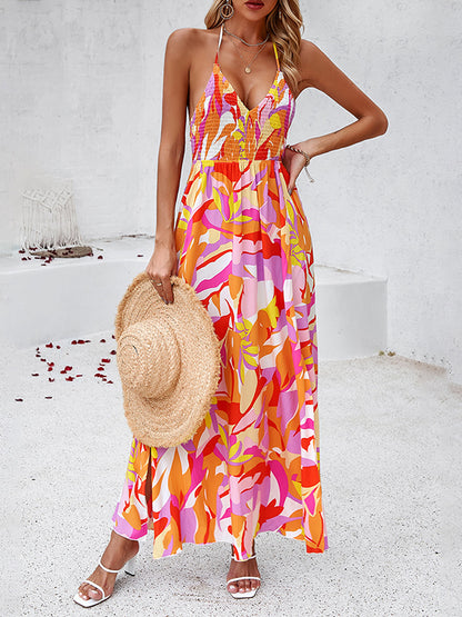 High Waisted Sleeveless Backless Elasticity Pleated Printed Split-side Tied Halter-neck Maxi Dresses