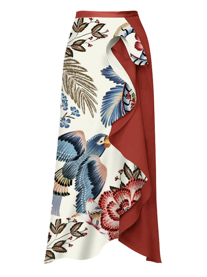 V Neck Ruffle Print Swimsuit and Skirt